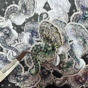 Sticker holographique étrange tentacule de pieuvre, monstre gothique steampunk