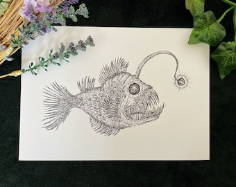 Angler Fish Black Sea Fish Gothic Wall Art Drawing Print A5