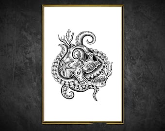 Illustrated Octopus Skull Tentacle Monster Gothic Steampunk Nautical Wall Art Print