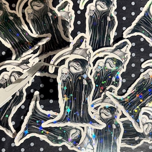 Sticker holographique blanc Grenouille, Corbeau, La faucheuse