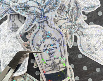 Potion Bottle Poisonous Flowers Nerium Oleander Gothic Apothecary Garden Print Holographic Glitter Sticker