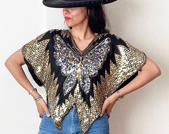 Vintage Silk Sequin Butterfly Top / 1970s Disco Blouse / S / M /