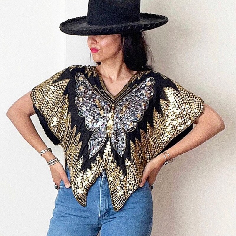 Vintage Silk Gold Butterfly Top (XS-M)