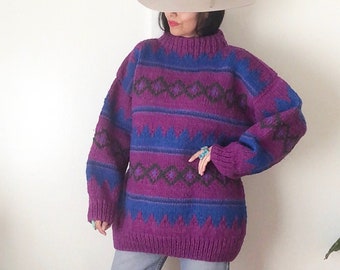 Vintage hand knit in Ecuador multicoloured purple chunky pure wool fair isle jumper sweater L Large 44 long Grace and Garbo