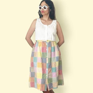 Vintage 1970s Madras Patchwork Skirt / Color Block Indian Hippie Midi Skirt / S /