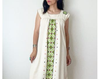 Vintage Mexican Huichol Dress from Nayarit / Peasant Midi / Folk, Bohemian / S /