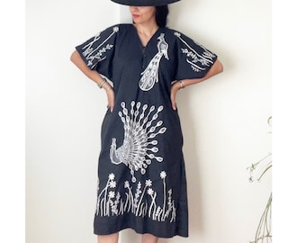 Vintage Ethnic Embroidered Midi Dress / Bohemian Hippy Folk Dress / S / M /