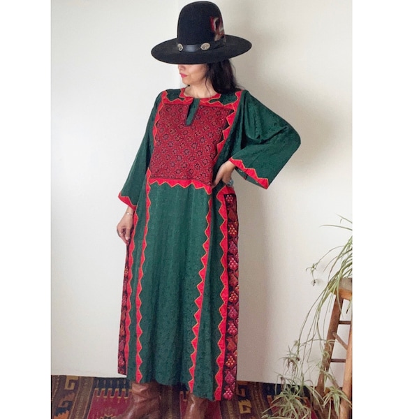 Vintage Afghan Folk Dress / Ethnic Kaftan / Patchwork Dress / Art To Wear / Red Green Holiday Dress / M / L /