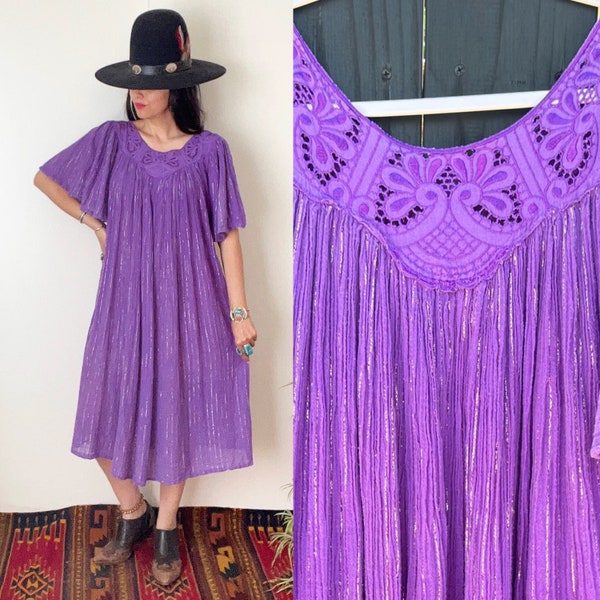 Vintage Grecian Gauze Lurex Dress / Bohemian Cotton Midi Dress / S / M /