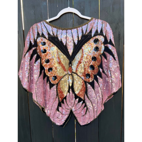 Vintage Silk Sequin Butterfly Top / 70s Disco Blo… - image 8