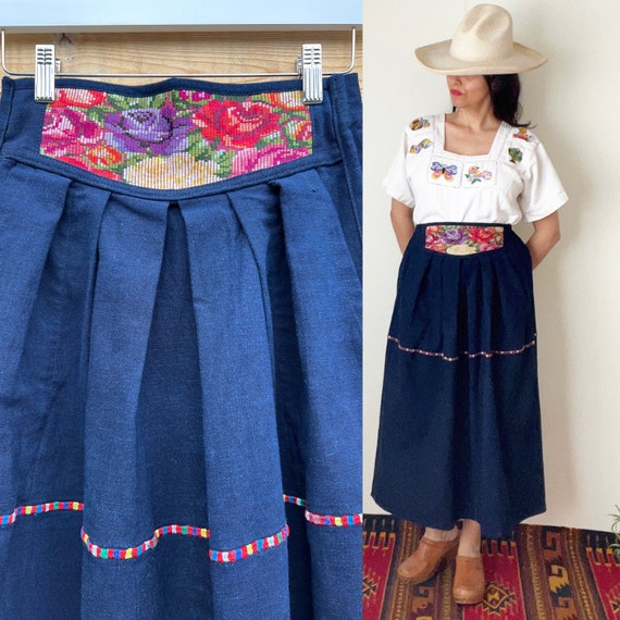 Vintage Guatemalan Indigo Skirt / Embroidered Folk