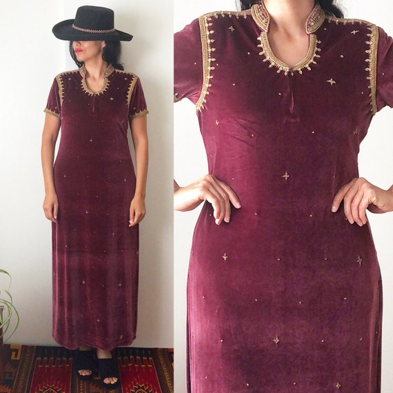 Vintage Indian Velvet Maxi Dress / Ethnic Embroide