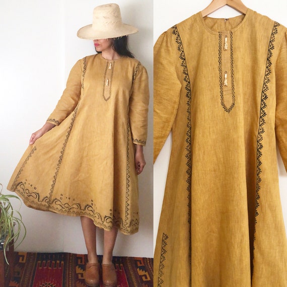 Vintage Indian Block Print Midi Cotton Dress / Eth
