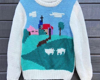 Vintage 80s Scenic Knit Pullover / Country Folk Sweater / S /