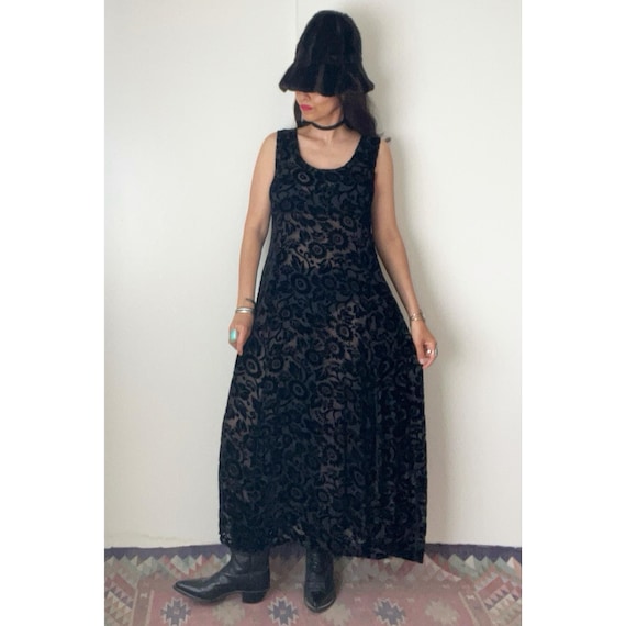 Vintage 1990s Burnout Maxi Dress / Goth Grunge Gy… - image 1