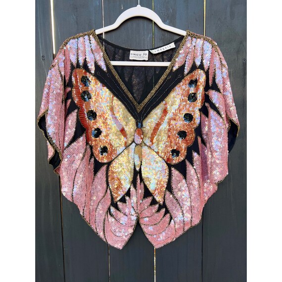 Vintage Silk Sequin Butterfly Top / 70s Disco Blo… - image 6