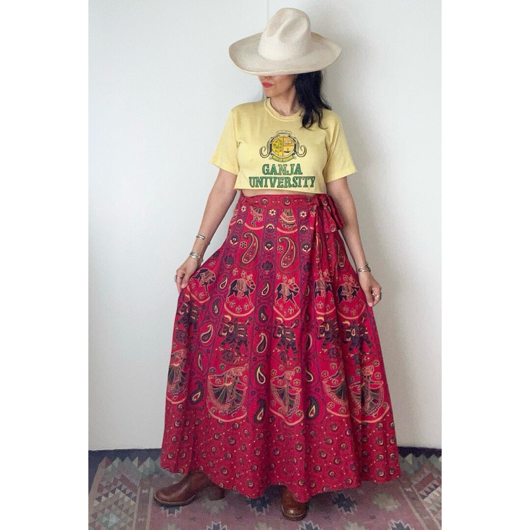Boho Indian Ethnic Printed Wrap Around Mid Length Midi Pure Cotton Skirt