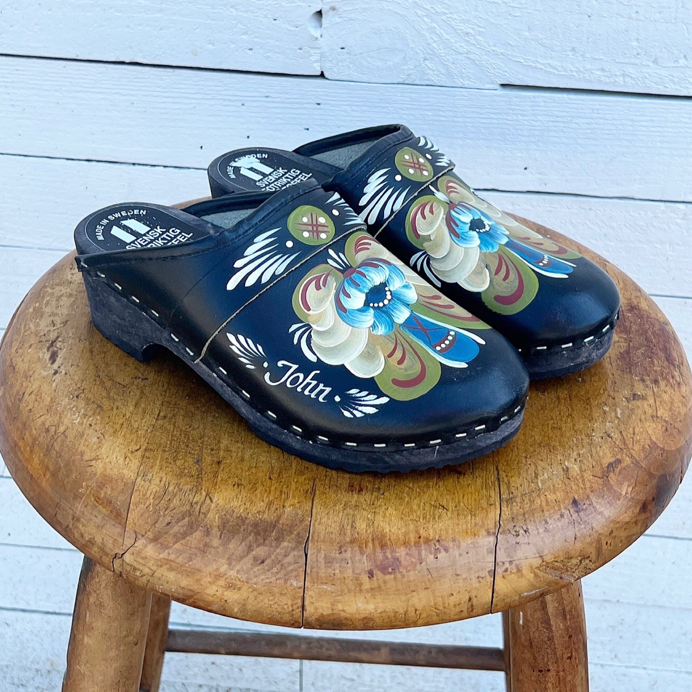 Vintage Swedish Wooden Clogs Size 5 Black Leather Mules Hand Painted…