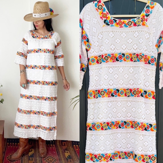 Vintage Mexican Crochet Maxi Dress / Ethnic Bohem… - image 1