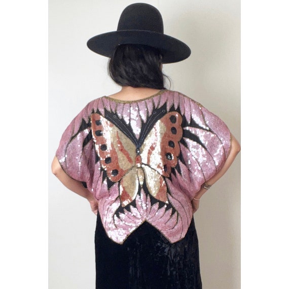 Vintage Silk Sequin Butterfly Top / 70s Disco Blo… - image 3