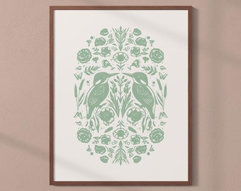 August Birth Month Art Print with Kingfisher, Gladiolus & Poppy Motif Unframed Wall Art Gift