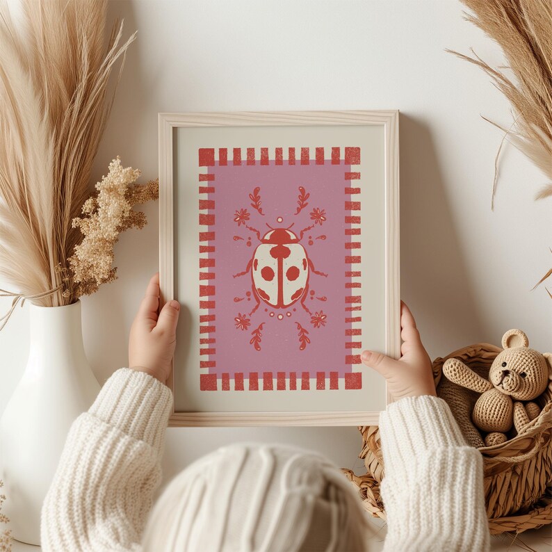 Ladybug Art Print: Block Print-inspired Nature Wall Decor - Etsy