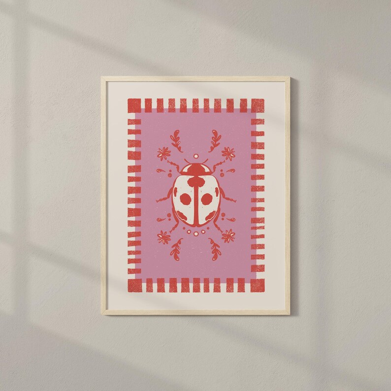 Ladybug Art Print: Block Print-inspired Nature Wall Decor - Etsy