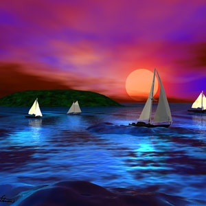 Wall art print of sailboats at sundown on a darkened sea and sunset.
