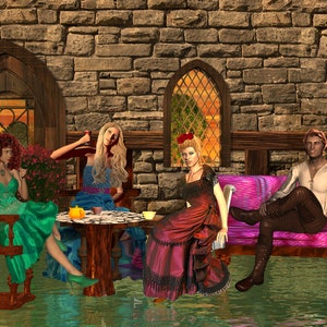 Wall art print of ladies and a gentleman conversing in a courtyard for a late Afternoon Visit