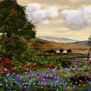 Könnte beinhalten: Ein Gemälde einer ländlichen Landschaft mit einem Feld voller blauer und roter Blumen im Vordergrund, zwei kleinen weißen Häusern in der Ferne und einem bewölkten Himmel.