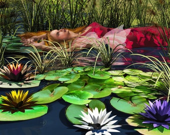 Lily Garden with Lady lying in pond surrounded by lily pads, blooms and apparently unaware of her surroundings.