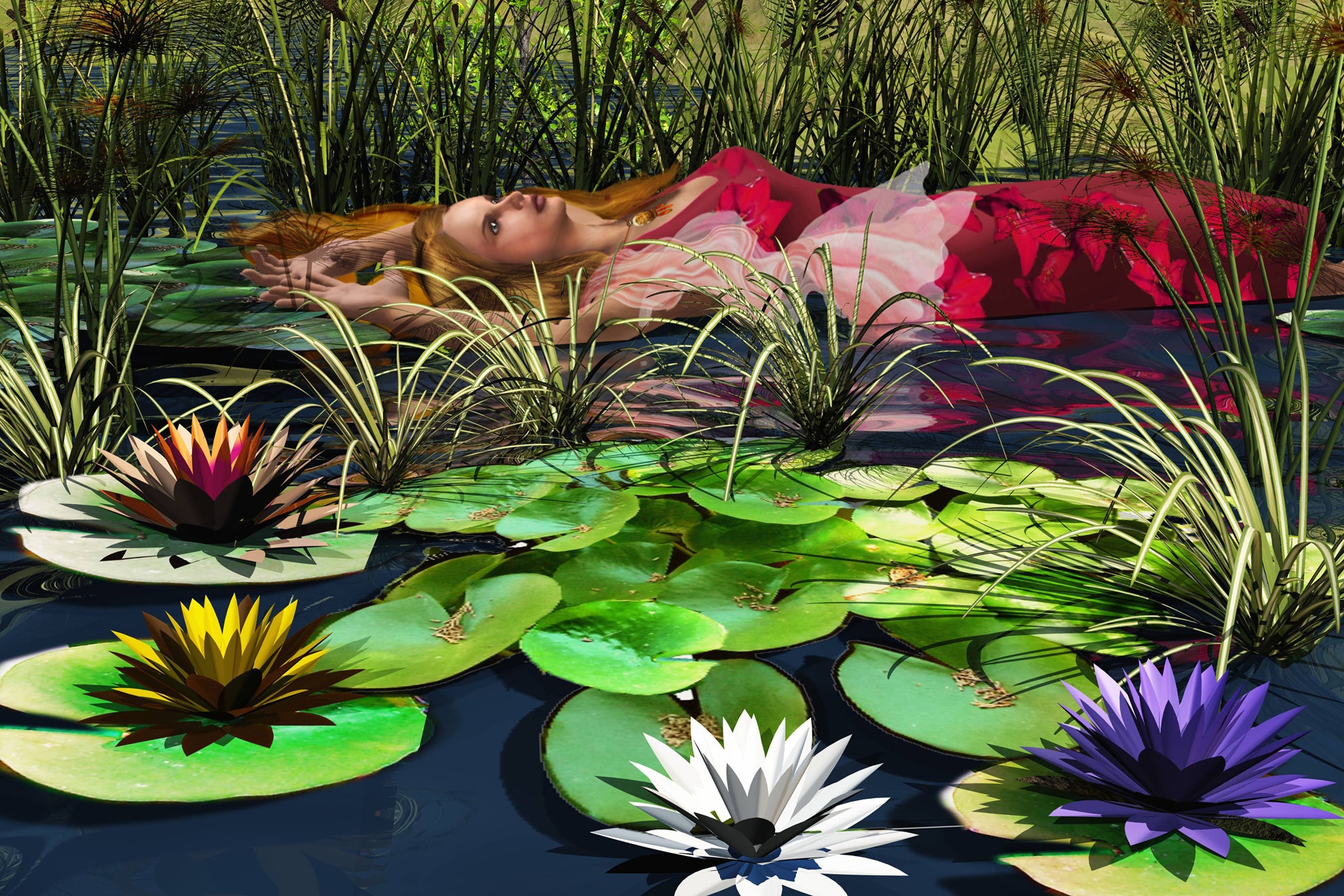 Wall Art Print of Lily Garden With Lady Lying in Pond Surrounded