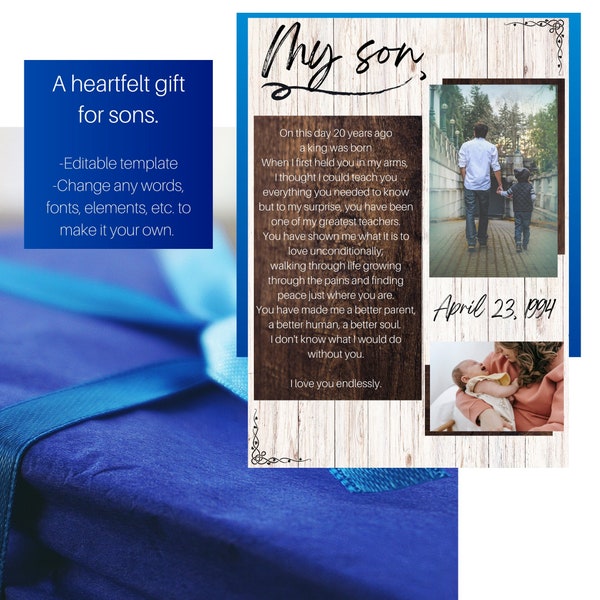 love letter paper design pdf Gift for son, boy, birthday, letter, heartfelt gift, my son, poem, customized, personalized, digital template card