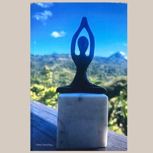 Puede incluir: Una escultura de metal negro de una persona en una postura de yoga, sentada sobre una base de mármol blanco. La escultura está frente a un fondo borroso de árboles verdes y un cielo azul.