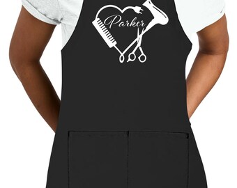 Personalized Hair Stylist Apron with Heart Design, 6 Colors, Professional Grade with Pockets, Adjustable Neck Strap, Decorated in USA