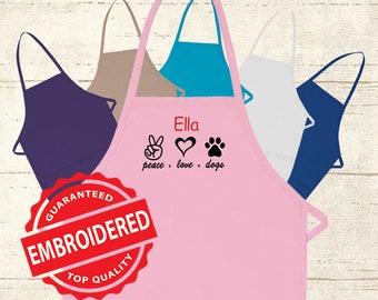 Personalized Child Apron Embroidered Peace Love Dog Design Add a Name