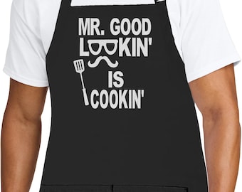 Made in USA Personalized Embroidered Custom Premium Kitchen Mr Good Lookin Chef Apron Men Dad Fathers Day Gift BBQ Grill Adult Baker Cooking