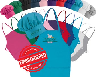 Personalized Child Apron Embroidered Bunny with Name CHILD Apron and Hat Set Add a Name