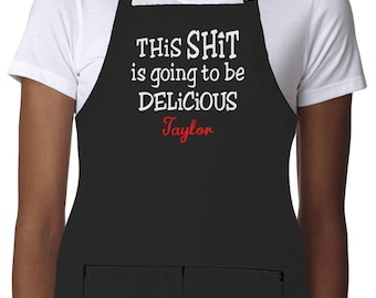 Made in the USA Personalized Embroidered Premium This Sht Delicious Chef Apron for Men Women Fathers Mothers Day Kitchen BBQ Grilling Gift