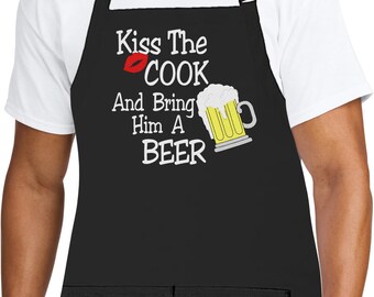 Made in USA Personalized Embroidered Custom Premium Kitchen Apron Kiss Cook and Bring Beer Men Dad Father's Day Grilling Gift BBQ Grill