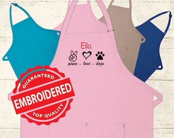 Personalized Apron Embroidered Peace Love Dogs Design Add a Name