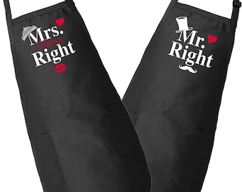 Made in the USA Premium Kitchen Apron Set for Men Women, "Mr. and Mrs. Right" design Wedding gift for Husband and Wife kitchen BBQ