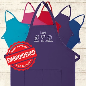 Personalized Apron Embroidered Peace Love Happiness Design Add a Name