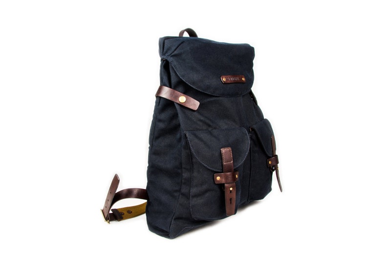 Dark blue urban backpack roll top of waxed canvas and leather Mens Women/'s rucksack Blue backpack City backpack Christmas gift