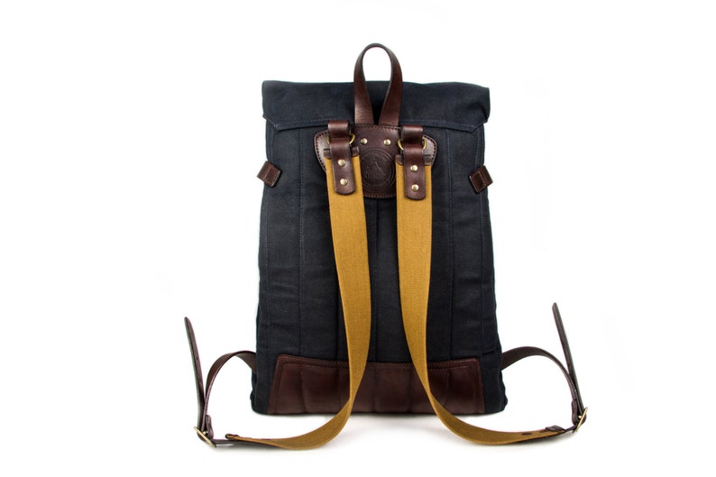 Dark blue urban backpack roll top of waxed canvas and leather Mens Women/'s rucksack Blue backpack City backpack Christmas gift