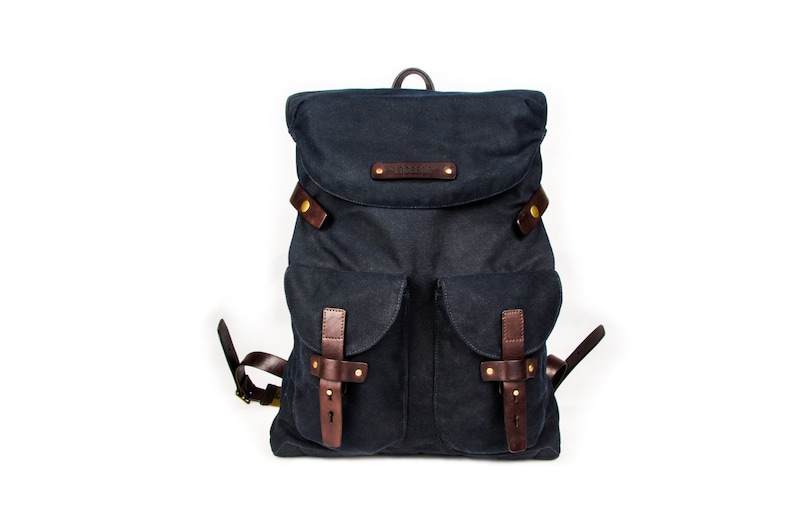 Dark blue urban backpack roll top of waxed canvas and leather Mens Women/'s rucksack Blue backpack City backpack Christmas gift