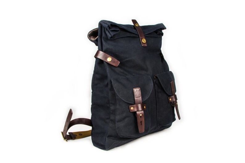 Dark blue urban backpack roll top of waxed canvas and leather Mens Women/'s rucksack Blue backpack City backpack Christmas gift