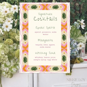 Szablon menu baru tropikalnego na wesele lub specjalne wydarzenie - edytowalne menu koktajli z podpisem - drukowany znak na drinka 5x7 - natychmiastowe pobranie