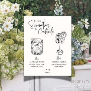 SIGNATURE DRINKS SCHILD Vorlage | Digital Download Personalisierbar | Wedding & Events Bar-Menü | Unsere Cocktails Whisky Sour Aperol Spritz