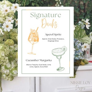 SIGNATURE DRINKS SCHILD Vorlage | Digital Download Personalisierbar | Wedding & Events Bar-Menü | Aperol Spritz Margarita Cocktails | Veränderbar